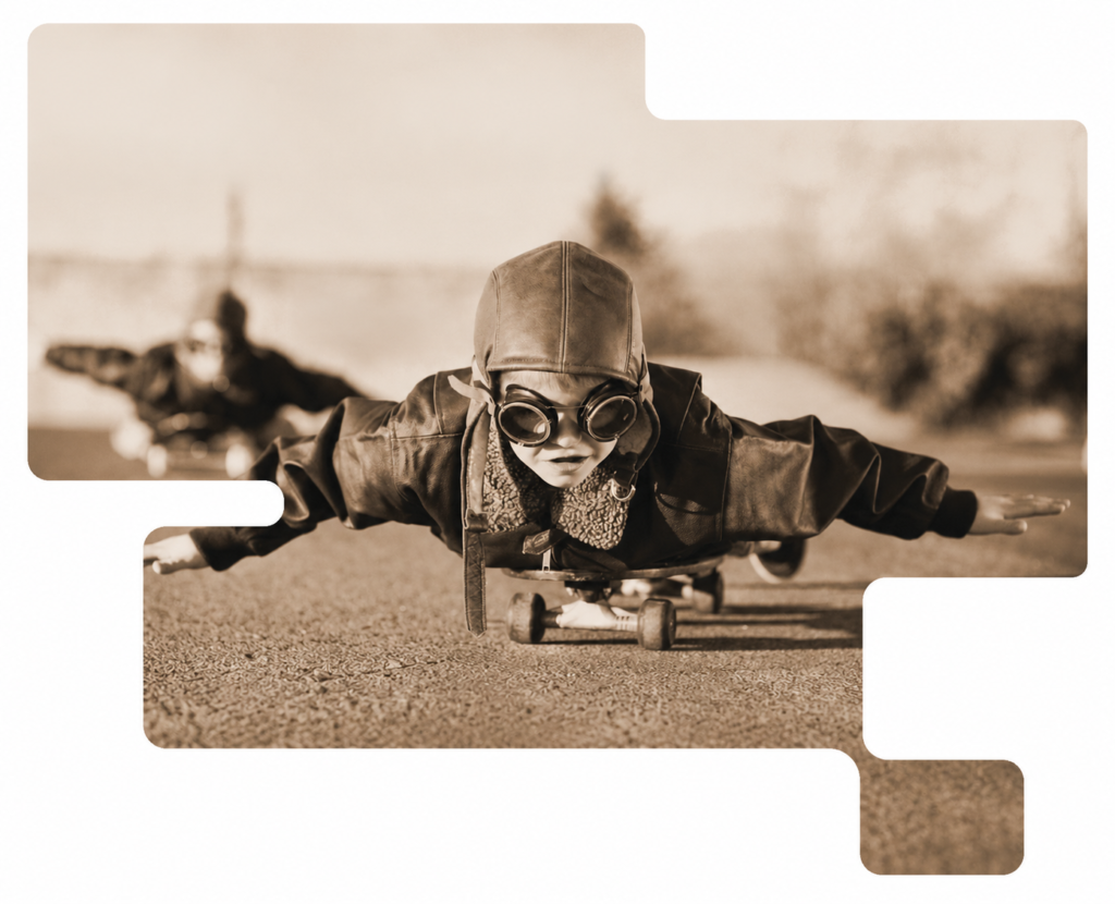 Sepia-toned photo of a person skateboarding, framed in an abstract cut-out shape